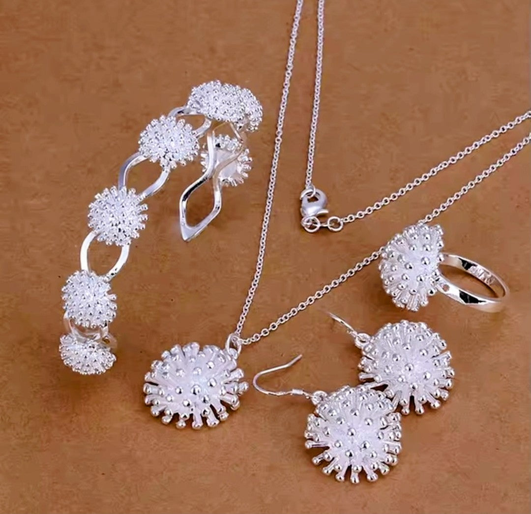 Set of dangle earrings, necklace, ring.